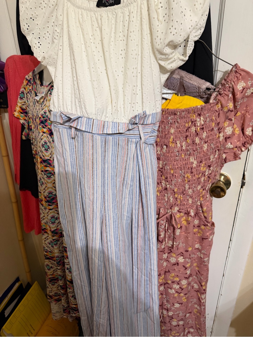 Girls' Cream Eyelet Top and Blue Multi-Stripe Skirt Set
